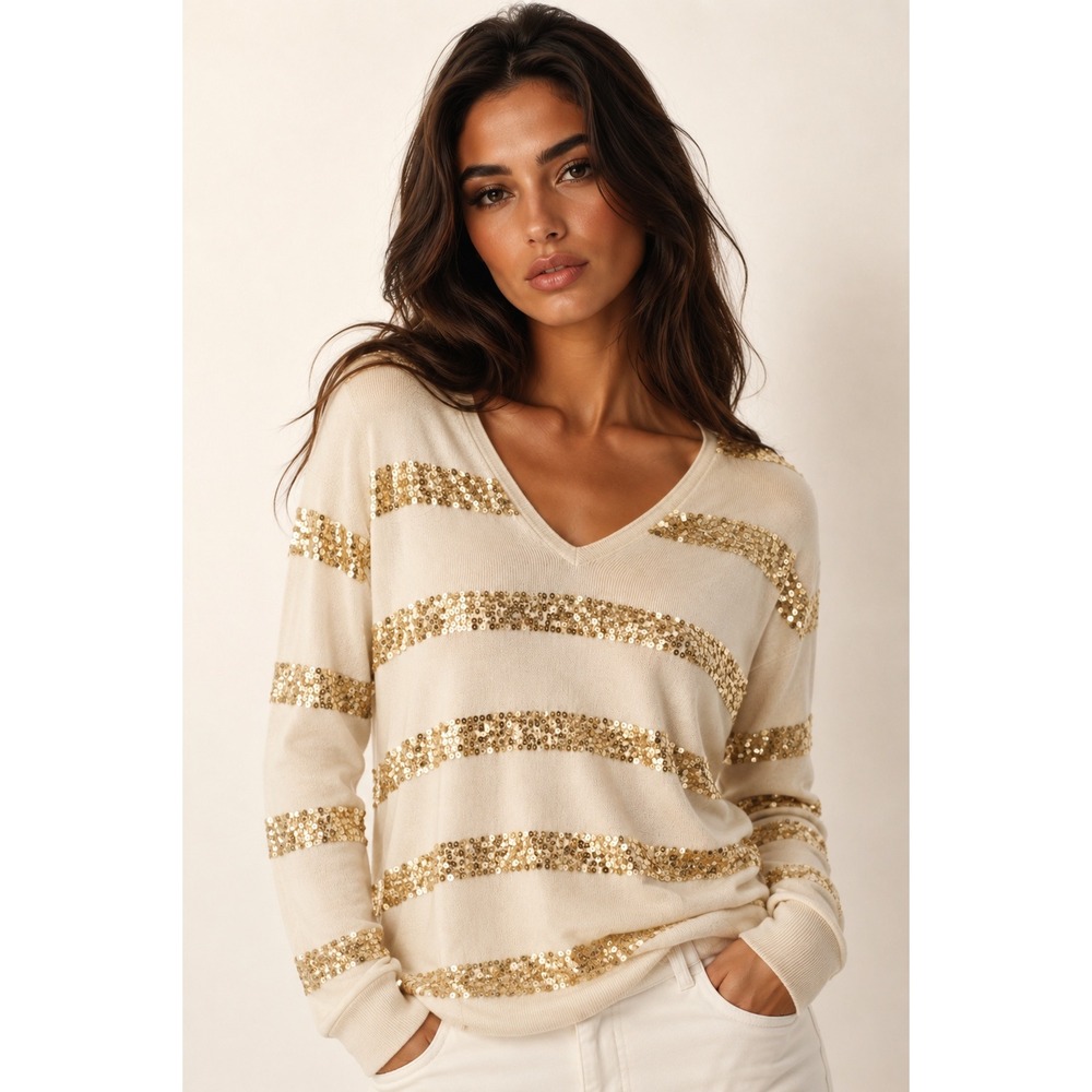 Vintage WR Silk Cashmere VNeck Sweater Gold Sequin Parisian Quiet Luxury Holiday